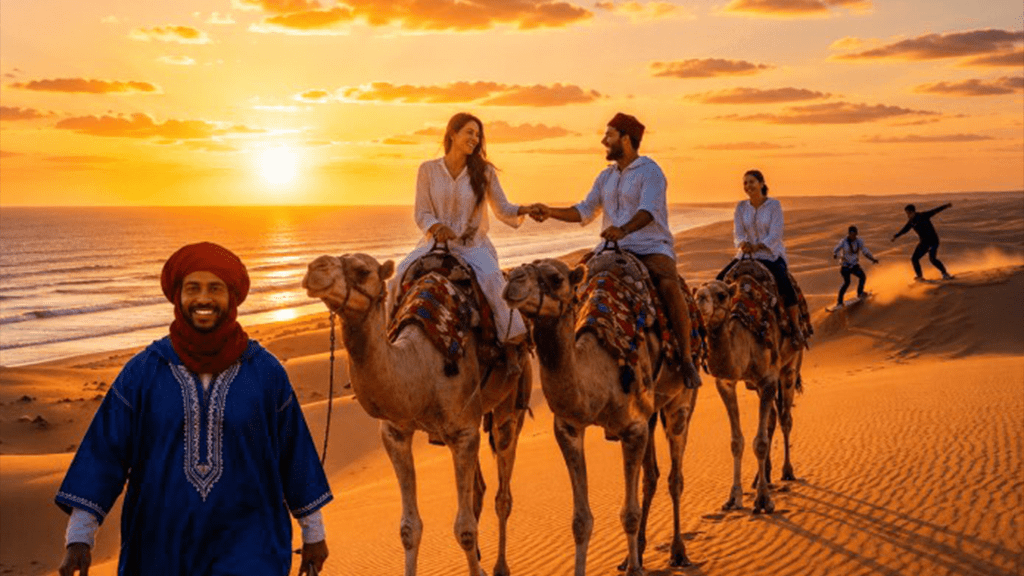 Agadir Taghazout sunset camel ride and sandboarding