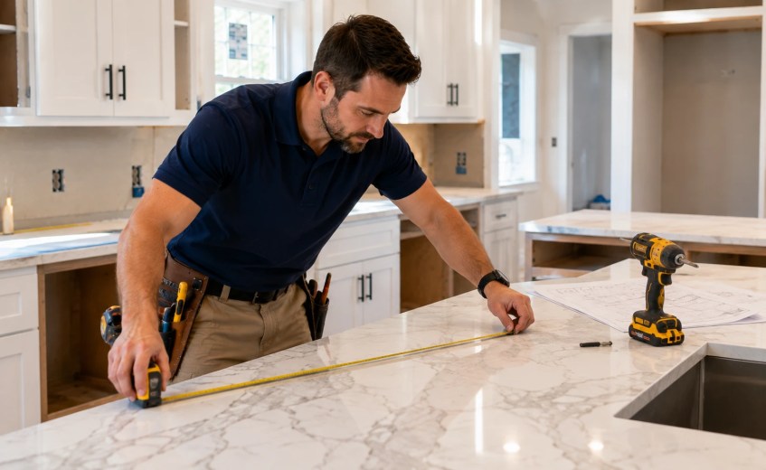 Contractor measuring a kitchen countertop during a remodel