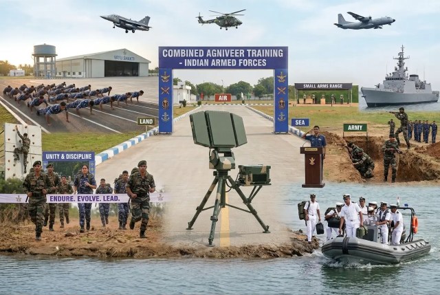 Combined Agniveer training visual showing Army, Navy and Air Force preparation through physical training, written coaching and field activities.