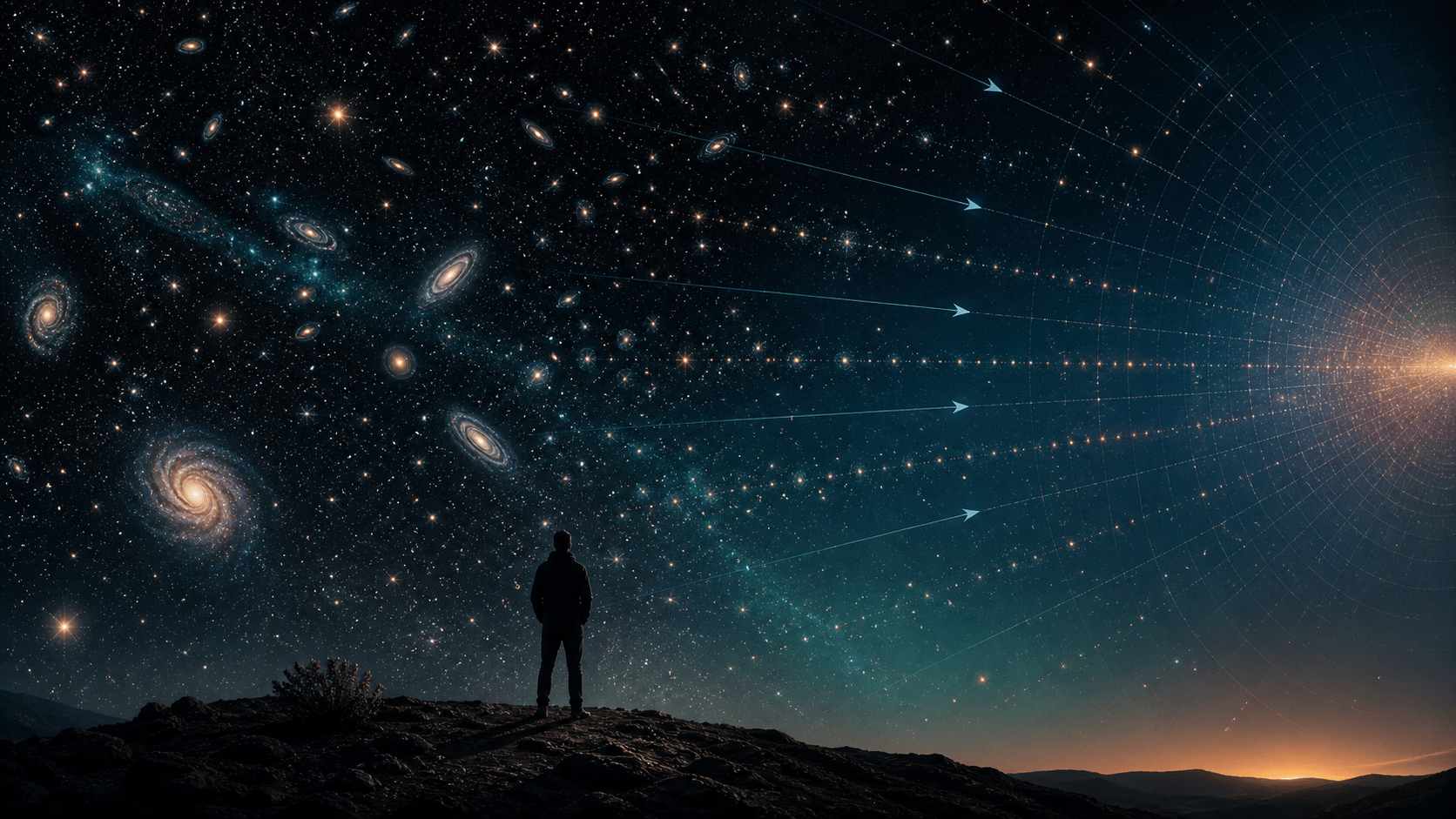 Cielo oscuro lleno de estrellas y galaxias en un universo en expansión