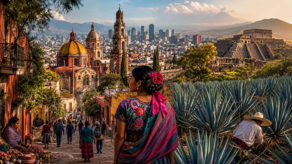 Panorama of Mexico city architecture agave landscape and heritage