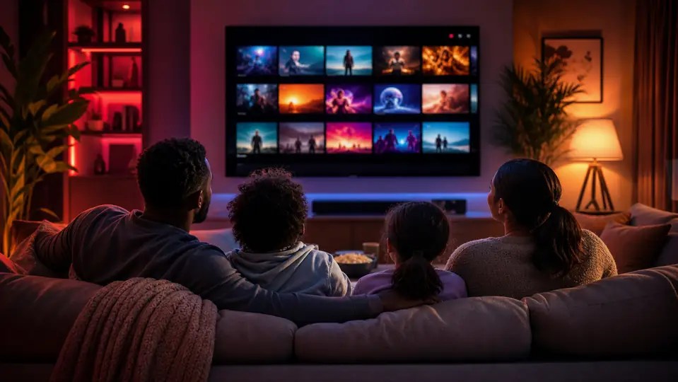 Family choosing online streaming entertainment on a television