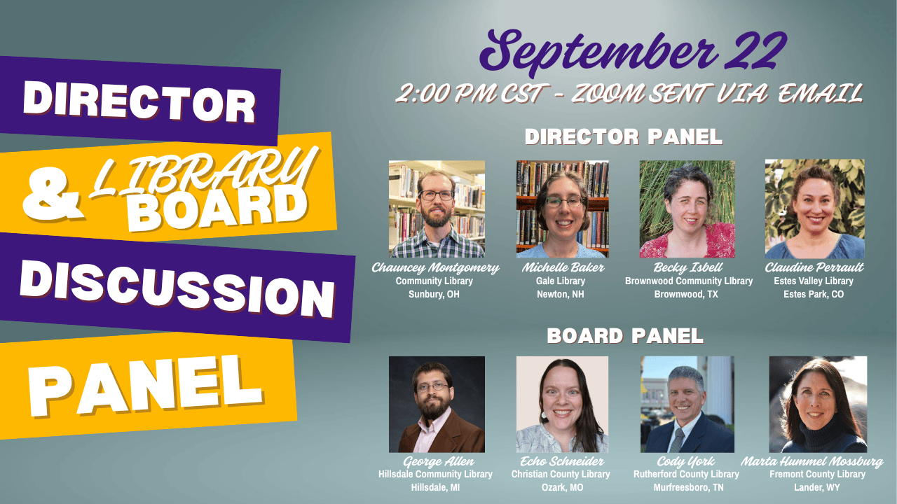 photos of eight panelists participating in ALP's Sept. 22 library director and library board member panel discussion