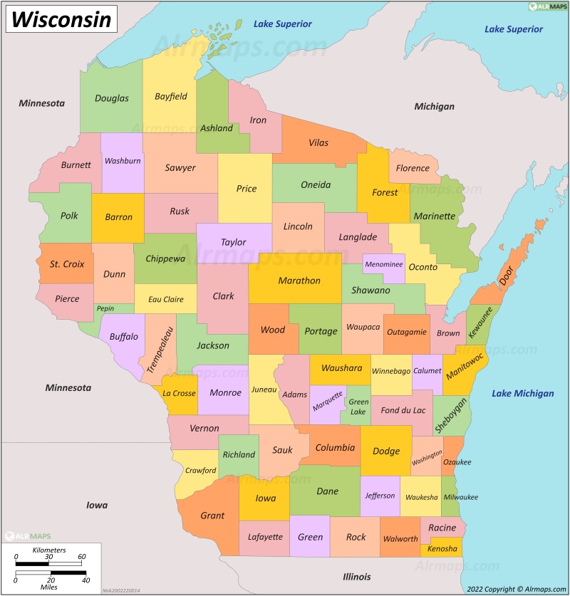 Buy Digital Map Of Counties Of Wisconsin Wisconsin County Map Wisconsin County Map 