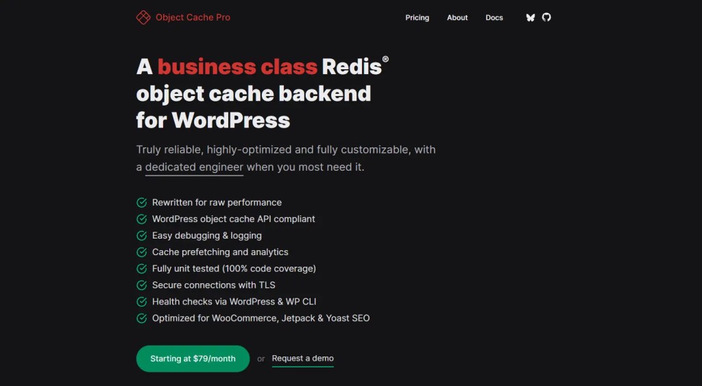 object-cache-pro Object Cache Pro official website highlighting high-throughput Redis caching for dynamic WooCommerce checkout performance