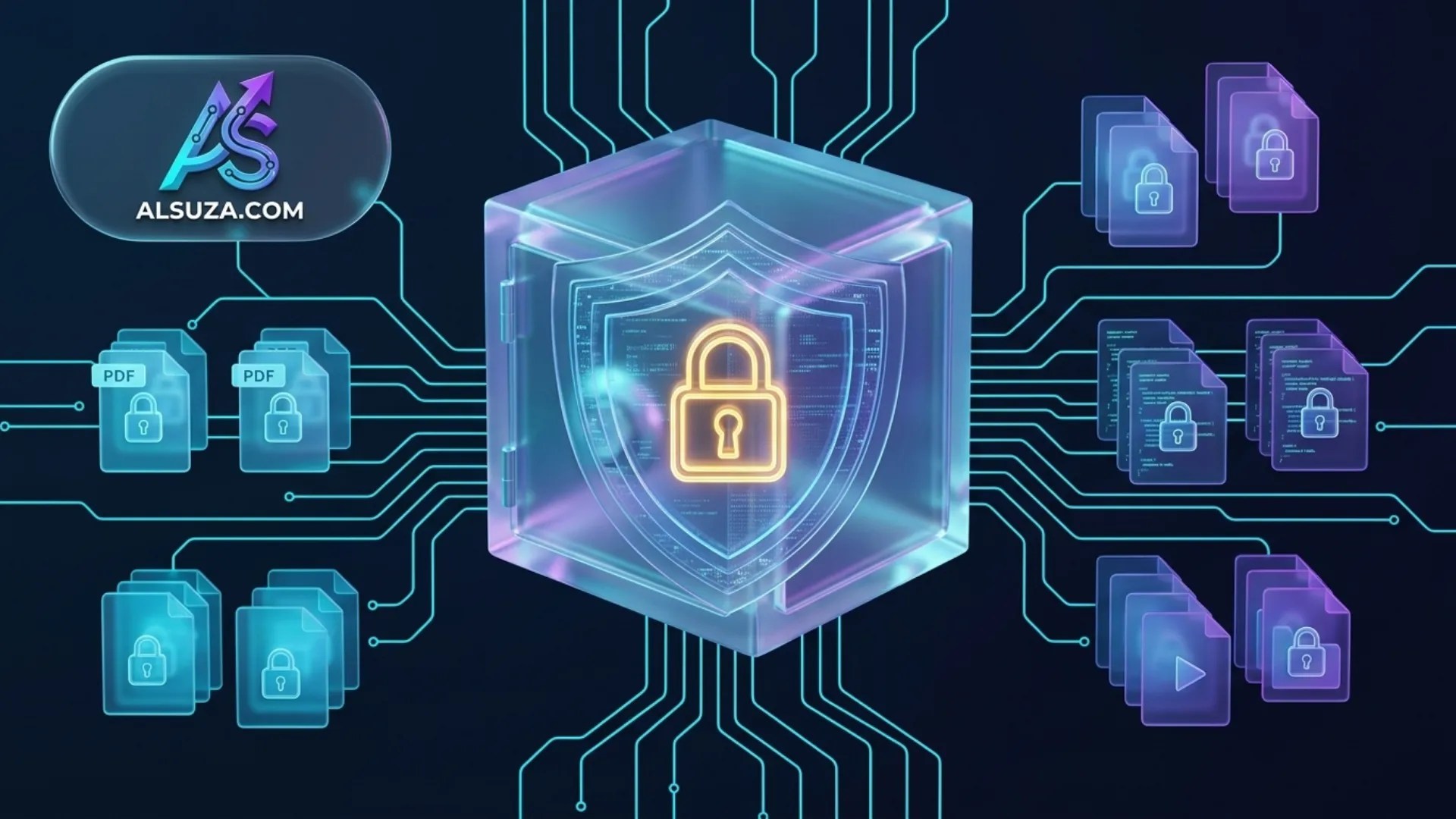 Best WordPress file protection plugins: 3D glassmorphic security vault protecting digital files, PDFs and server scripts by alsuza.com