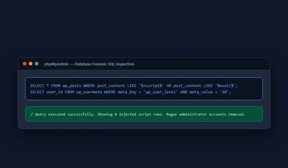 phpMyAdmin SQL query execution interface for finding and removing hidden malware redirect scripts