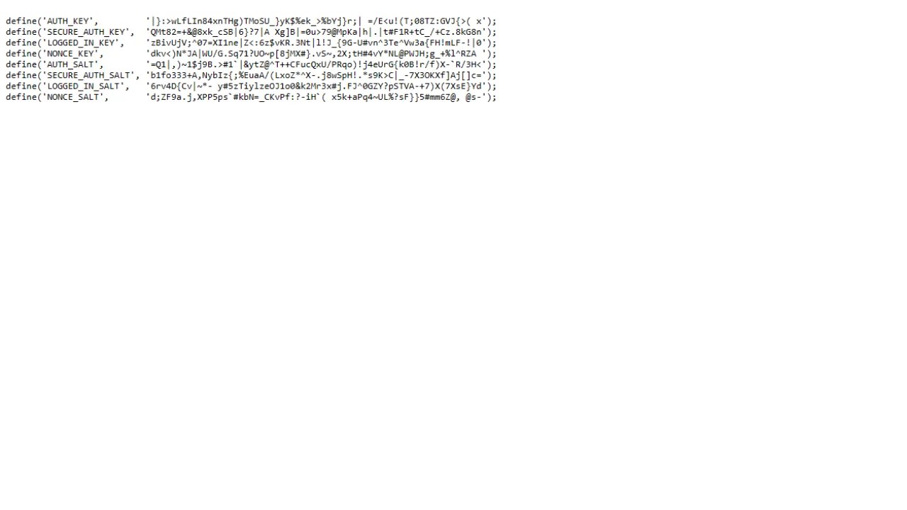 Official WordPress secret key generator API showing fresh security salts for password hashing