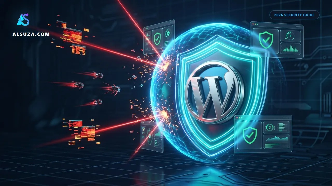 3D cybersecurity illustration of a multi-layer WordPress energy shield blocking and deflecting incoming malware exploit attacks