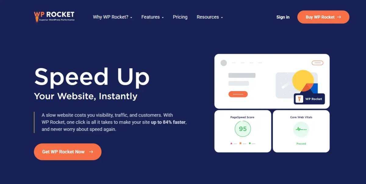 wp-rocket-cache-plugin best WordPress cache plugin - wp rocket official website homepage highlighting instant WordPress speed acceleration and Core Web Vitals optimization