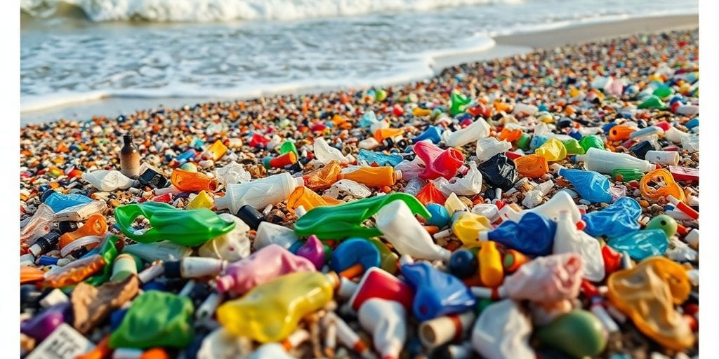 Praia poluída com lixo plástico acumulado.