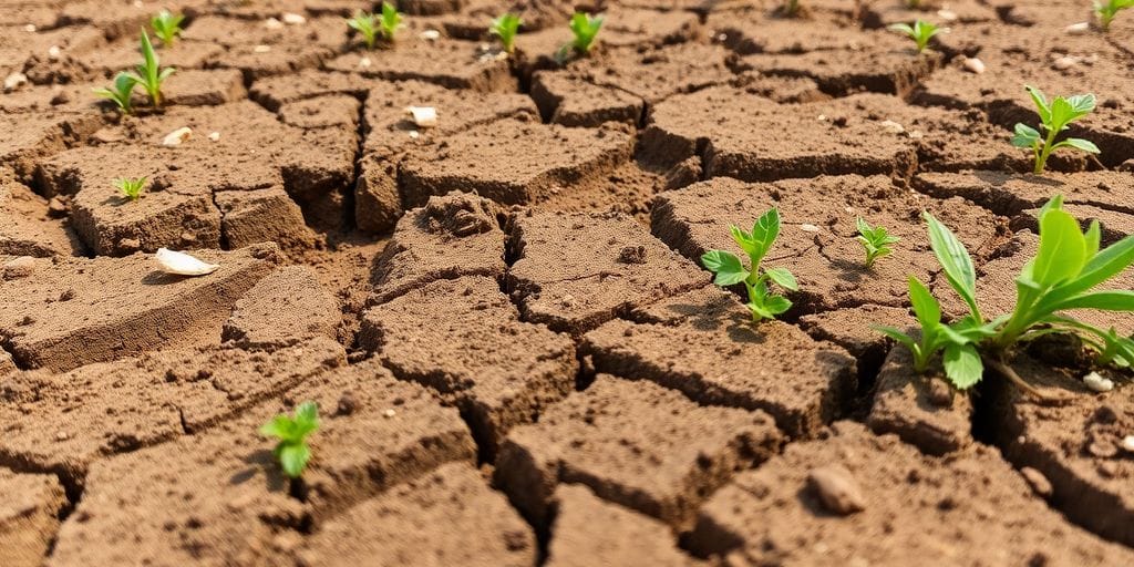 Solo erodido com rachaduras e vegetação escassa.