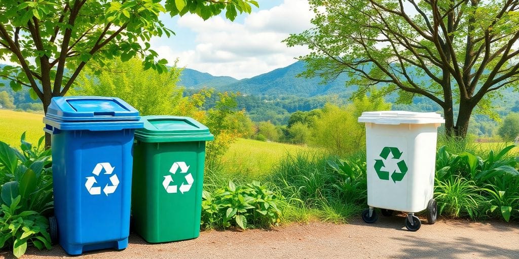 Paisagem verde com lixeiras de reciclagem limpas.