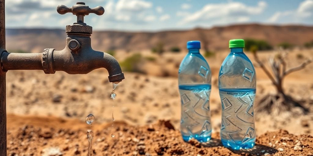 Torneira seca e garrafas de água vazias em paisagem árida.