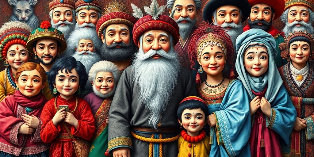 Personagens folclóricos com trajes e expressões vibrantes.