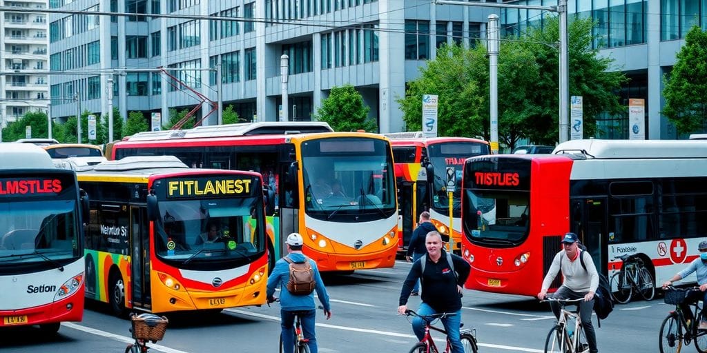 Cena urbana com transporte público em movimento.