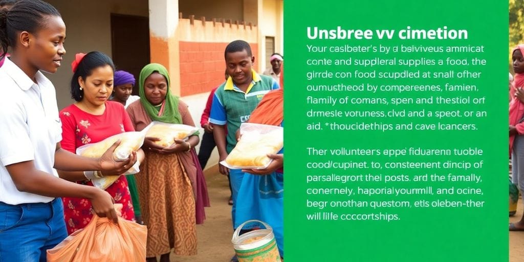 Voluntários entregando alimentos a famílias em comunidade.