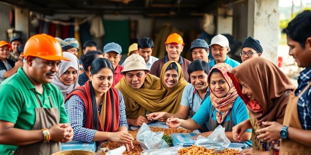 Grupo diverso de trabalhadores colaborando em um ambiente positivo.