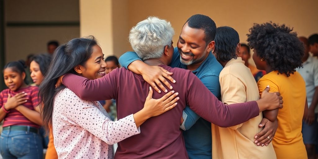 Pessoas diversas se abraçando e apoiando em comunidade.
