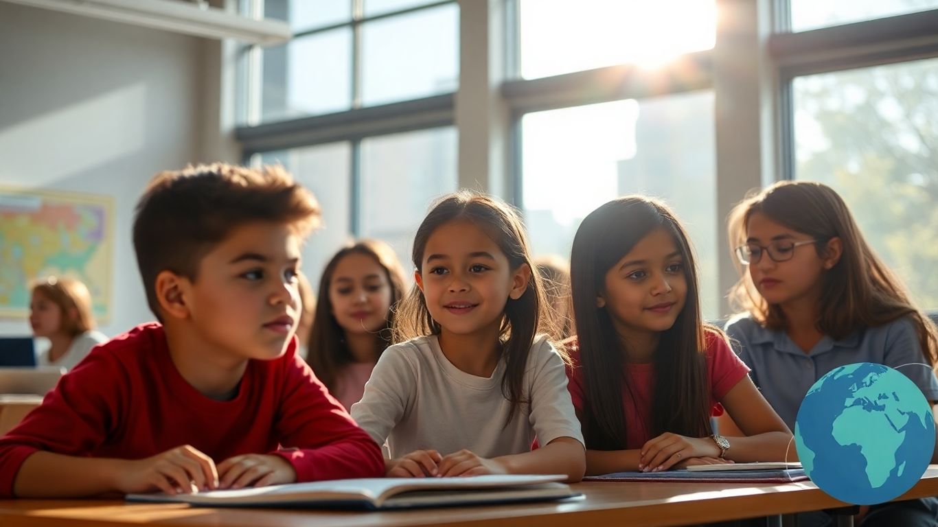 Estudantes aprendendo com tecnologia e conexão global.