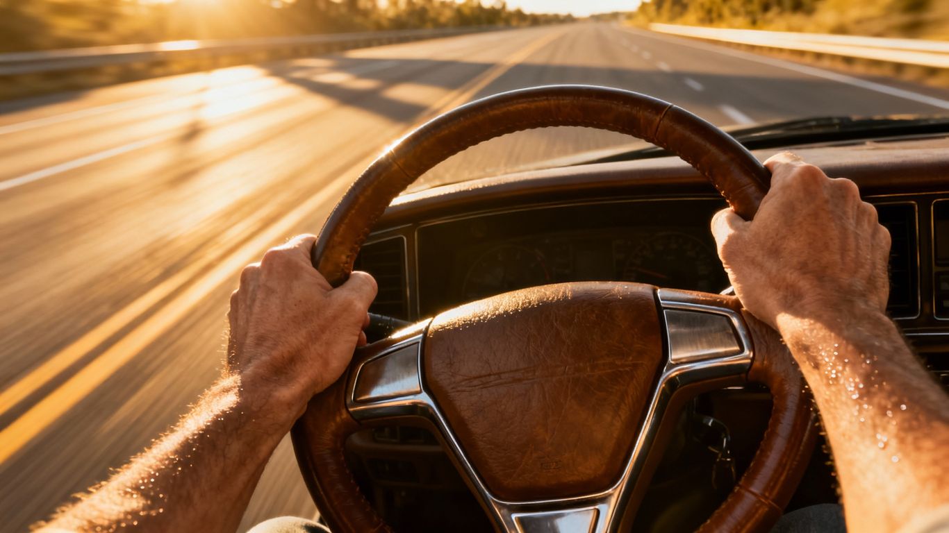 Mãos no volante, estrada iluminada, direção e consciência.