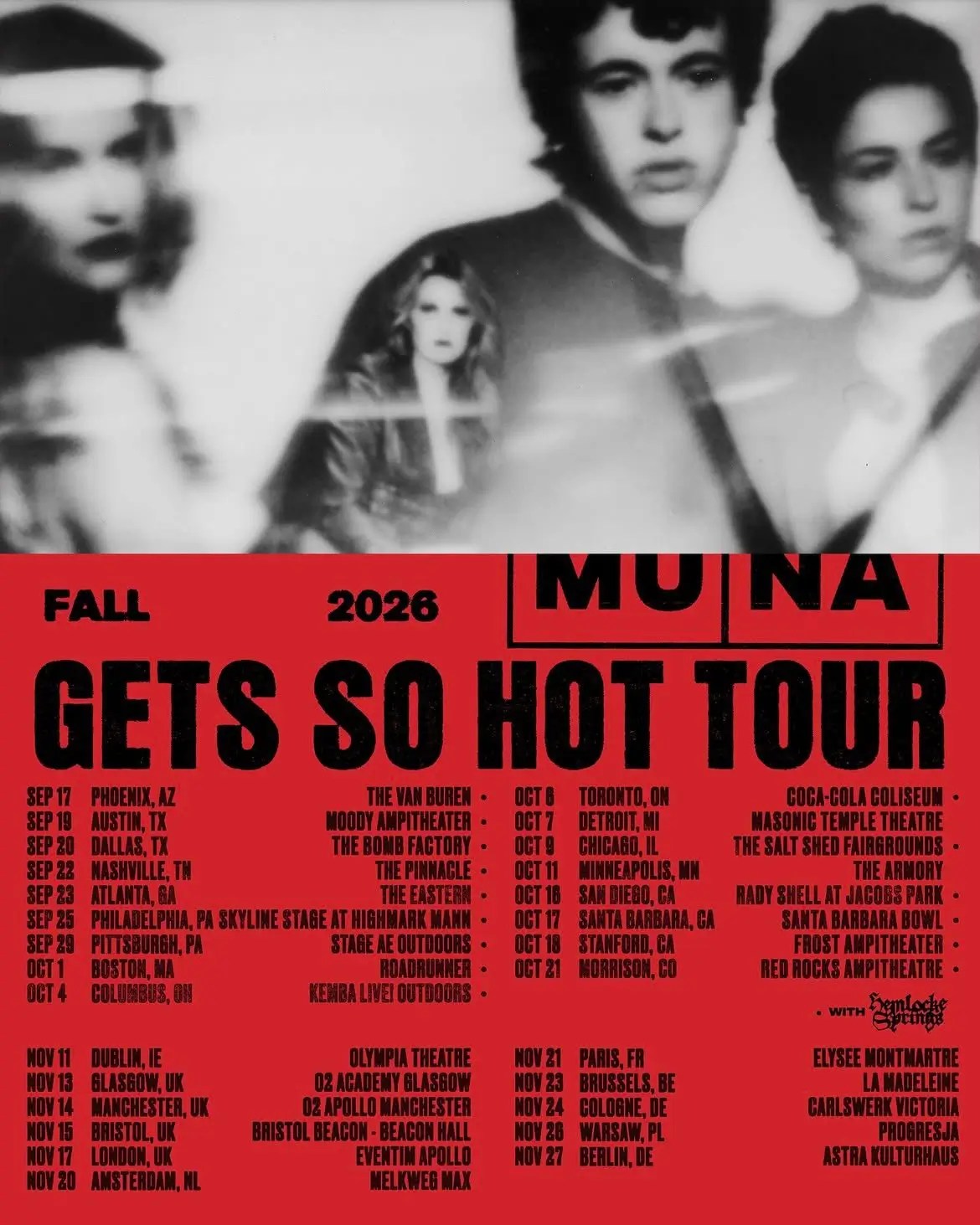 MUNA fall tour schedule poster with support from Hemlocke Springs