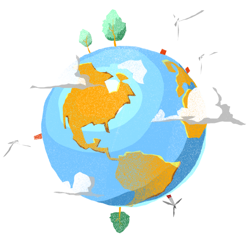 Dessin planète Terre avec arbres et éoliennes