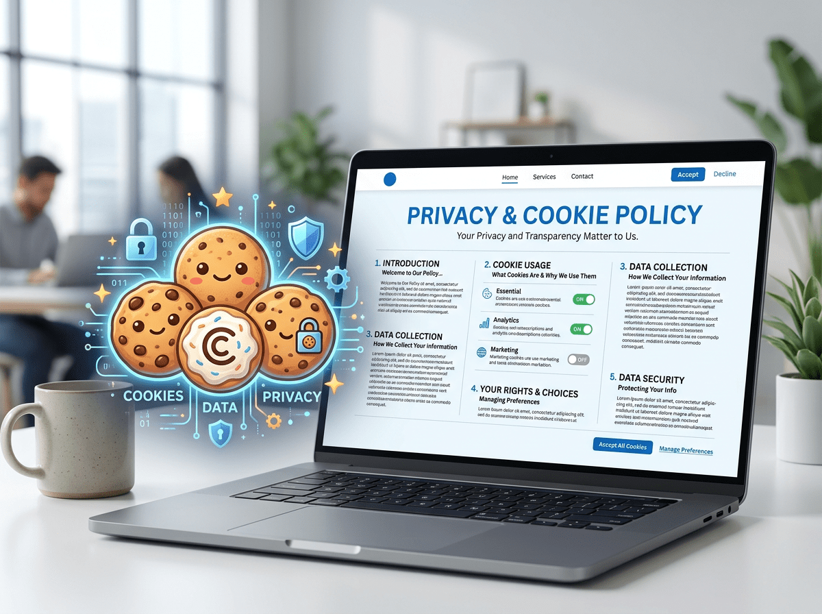 Laptop screen showing privacy and cookie policy details with cookie icons illustrating data privacy