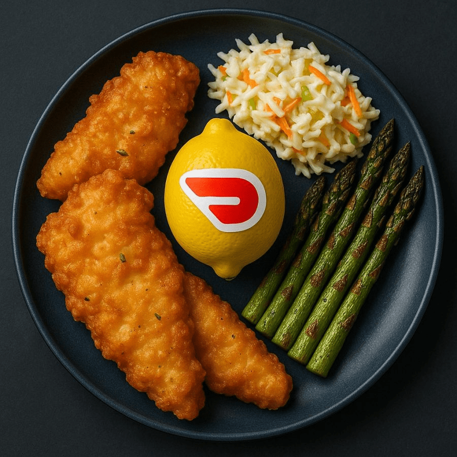 Food platter consisteing of a black plate, beer battered aand fried fish , coleslaw, aand asparagus with a lemon in the center showing the DoorDash logo "D"" in the center of the image.
