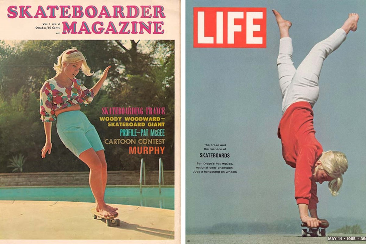 Female Skateboarder from the 1960s Patti McGee on magazine covers of Life and Skateboarders Magazine performing tricks