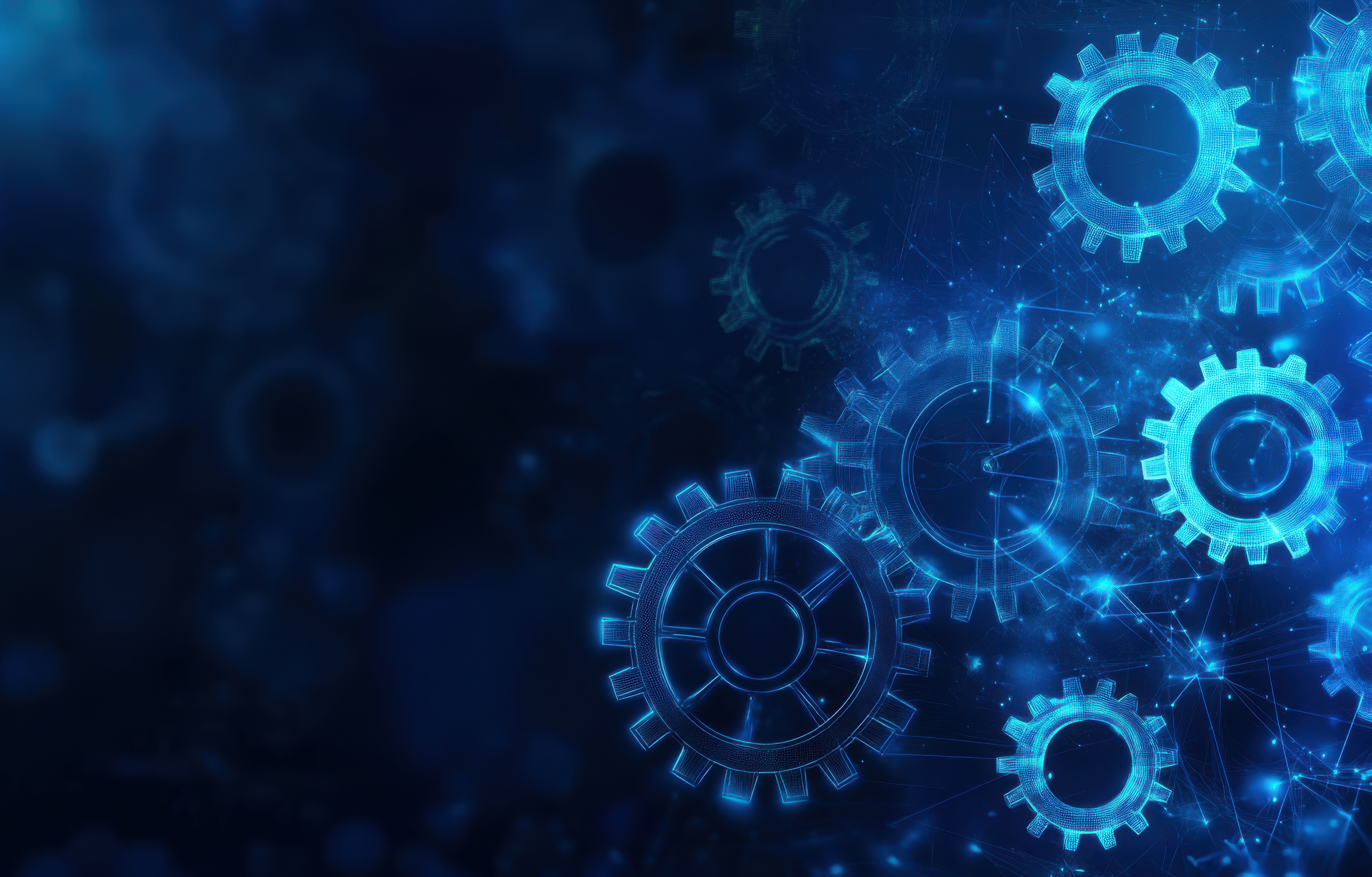 A digital abstract design featuring blue vector outlines of gears and cogs, symbolizing technology, engineering, and innovation. The intricate network and mechanical components suggest progress and industry in a futuristic landscape.