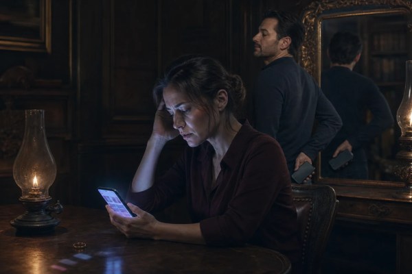 Mulher diante do celular enquanto o parceiro esconde outro aparelho revelado pelo espelho, representando gaslighting e microtraições