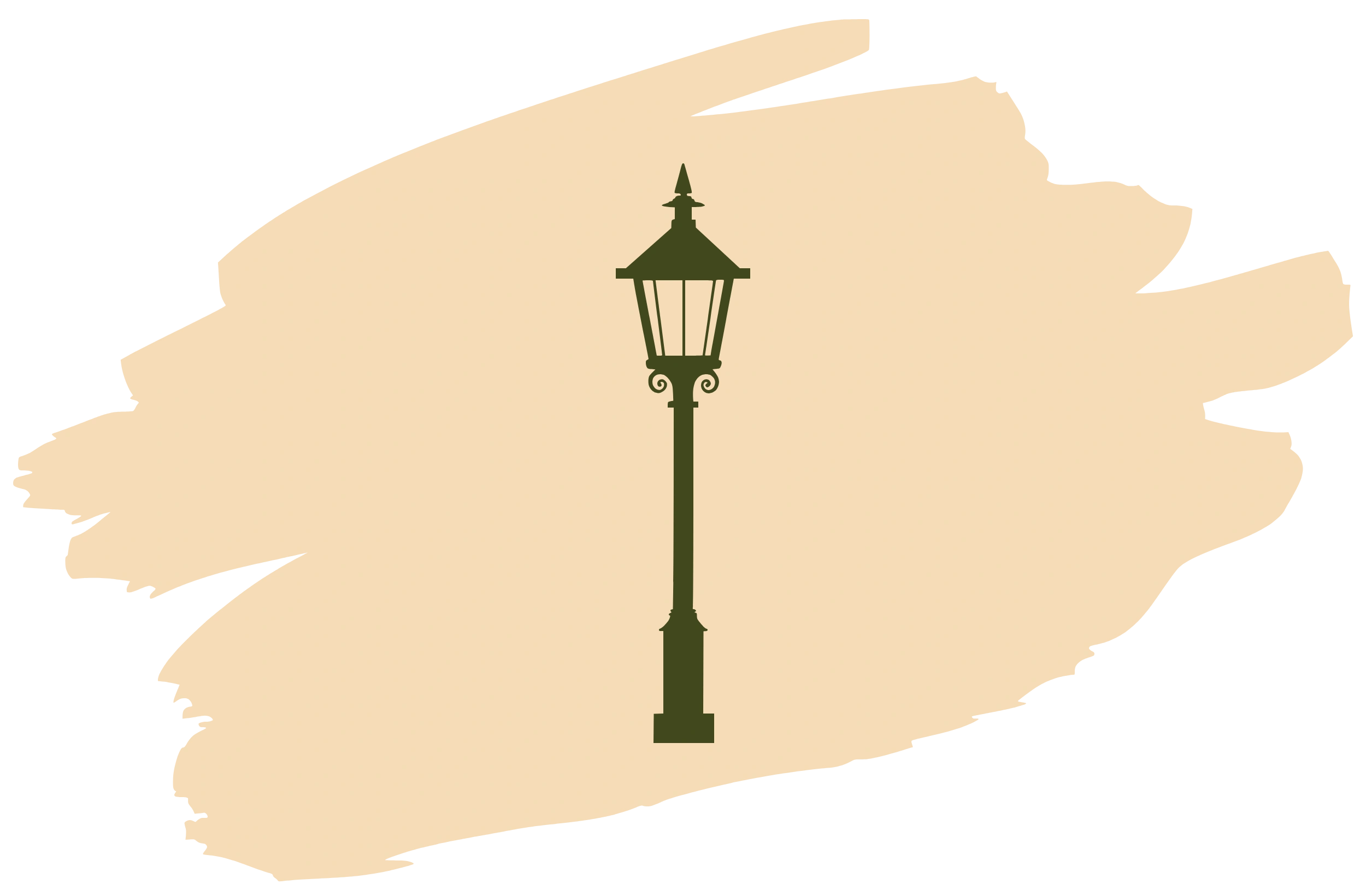 A deep green, old timey lamppost icon, against a peach-colored painted background