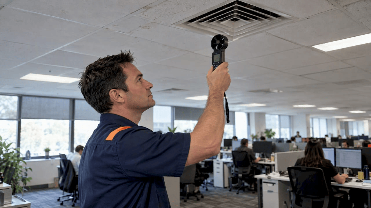 Facility manager checking office diffuser airflow