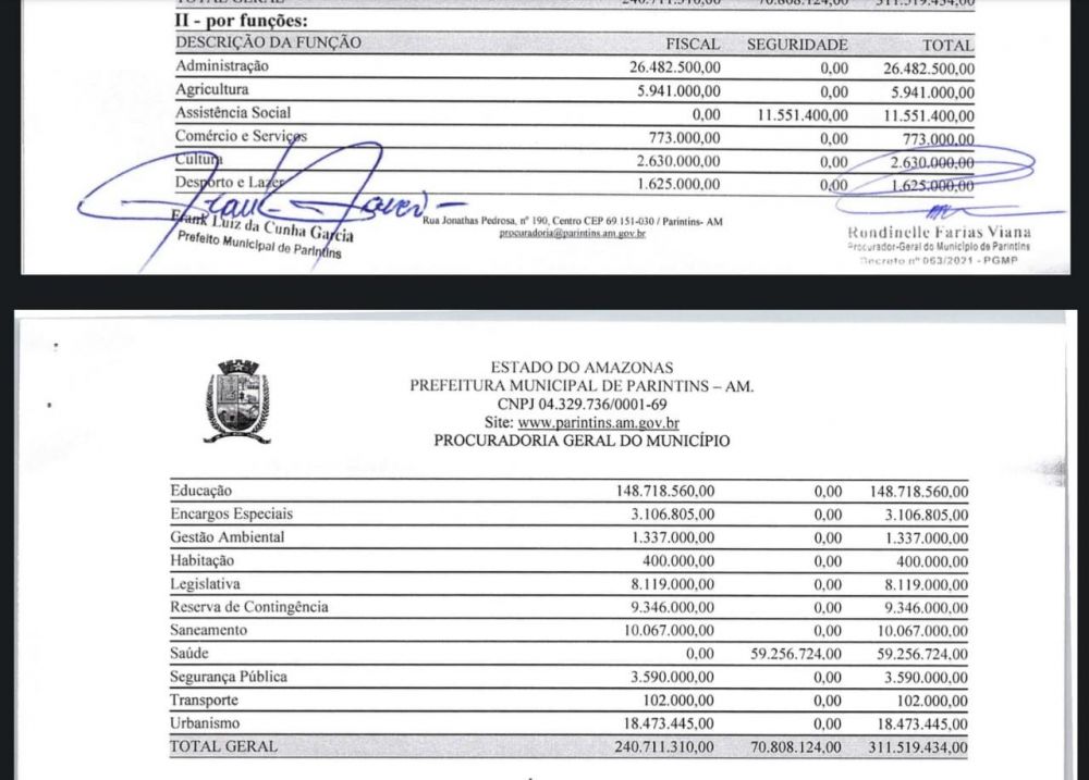 Imagem mostrando valores assinado pelo Prefeito de Parintins
