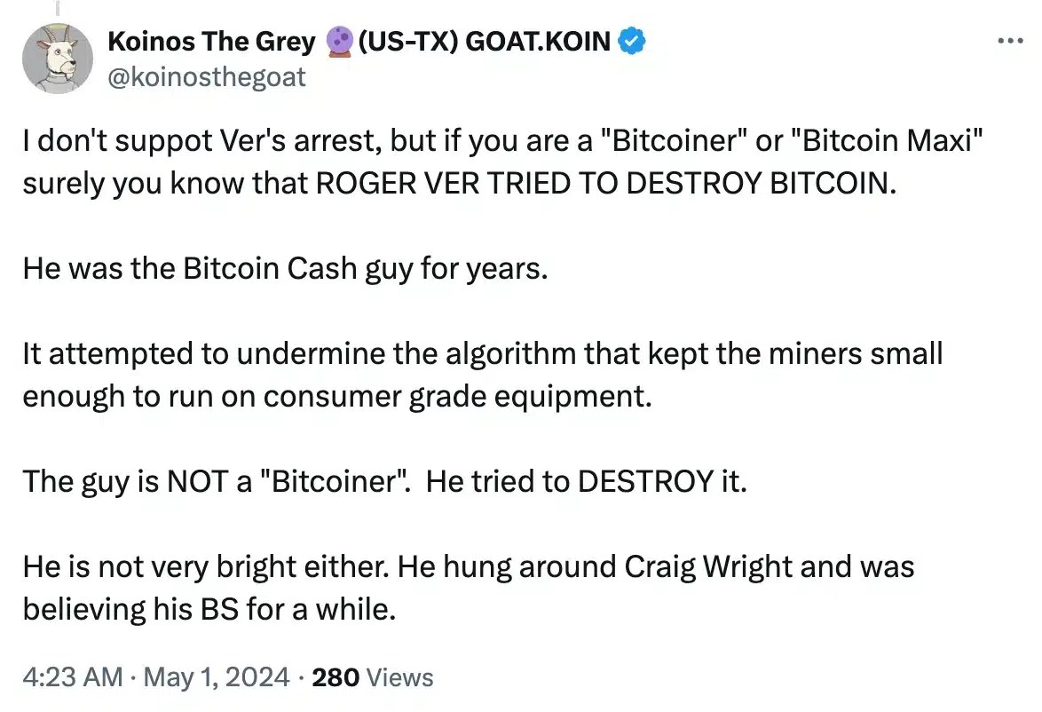 @koinosthegoat tweet sur l'arrestation de Roger Ver