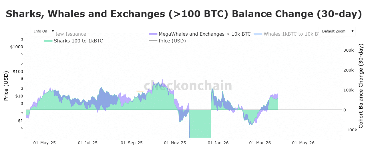 Bitcoin whales and sharks balance change