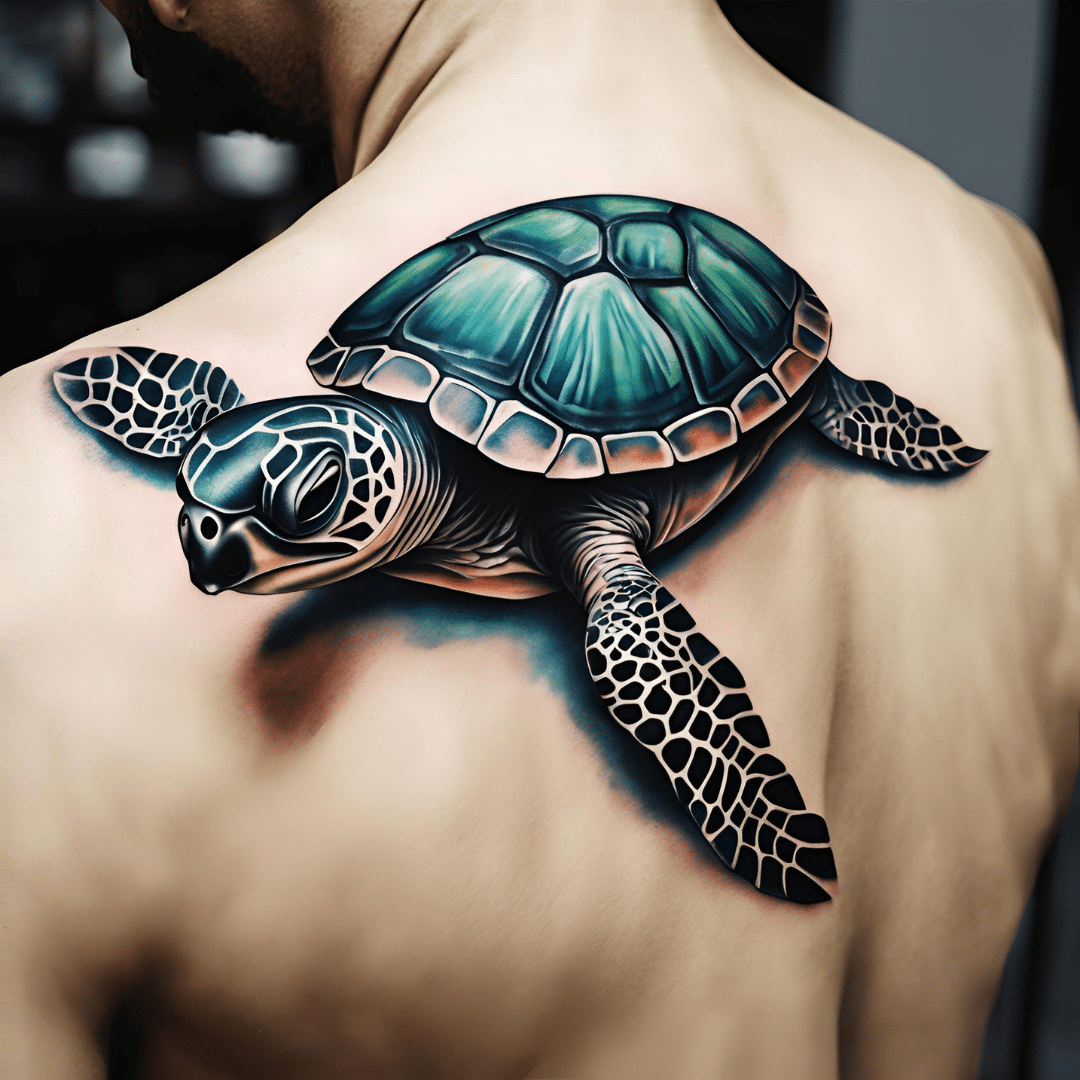 Duży tatuaż na plecach żółw