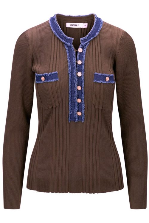 Sort, navy, oliven, bordeaux, brun, grey melange eller offwhite viskose ribbet pullover med jeanskant Katrin Uri - 2530313 L.A. pullover