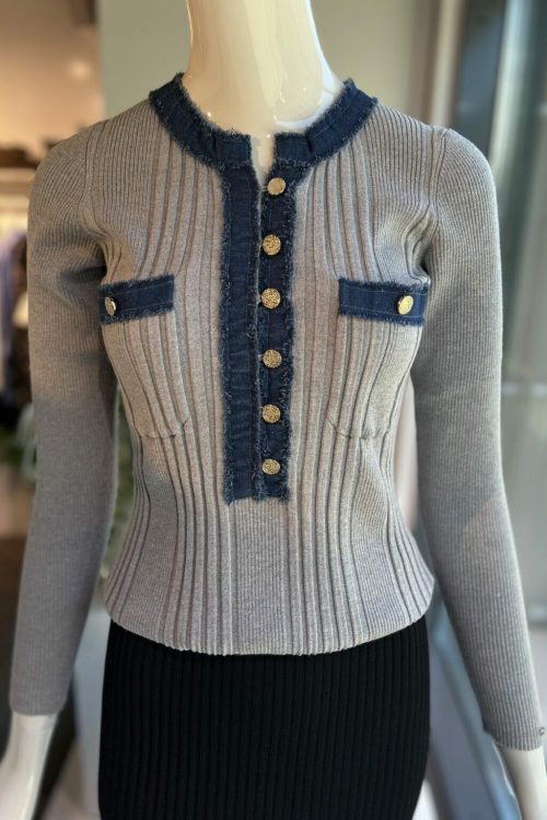 Sort, navy, oliven, bordeaux, brun, grey melange eller offwhite viskose ribbet pullover med jeanskant Katrin Uri - 2530313 L.A. pullover