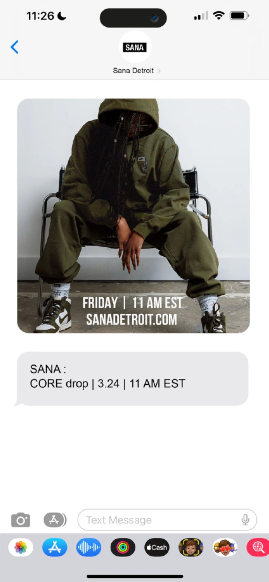 SMS campaign for SANA Detroit featuring stylized product imagery and timestamped drop CTA to drive hype and urgency via mobile-first visual messaging.