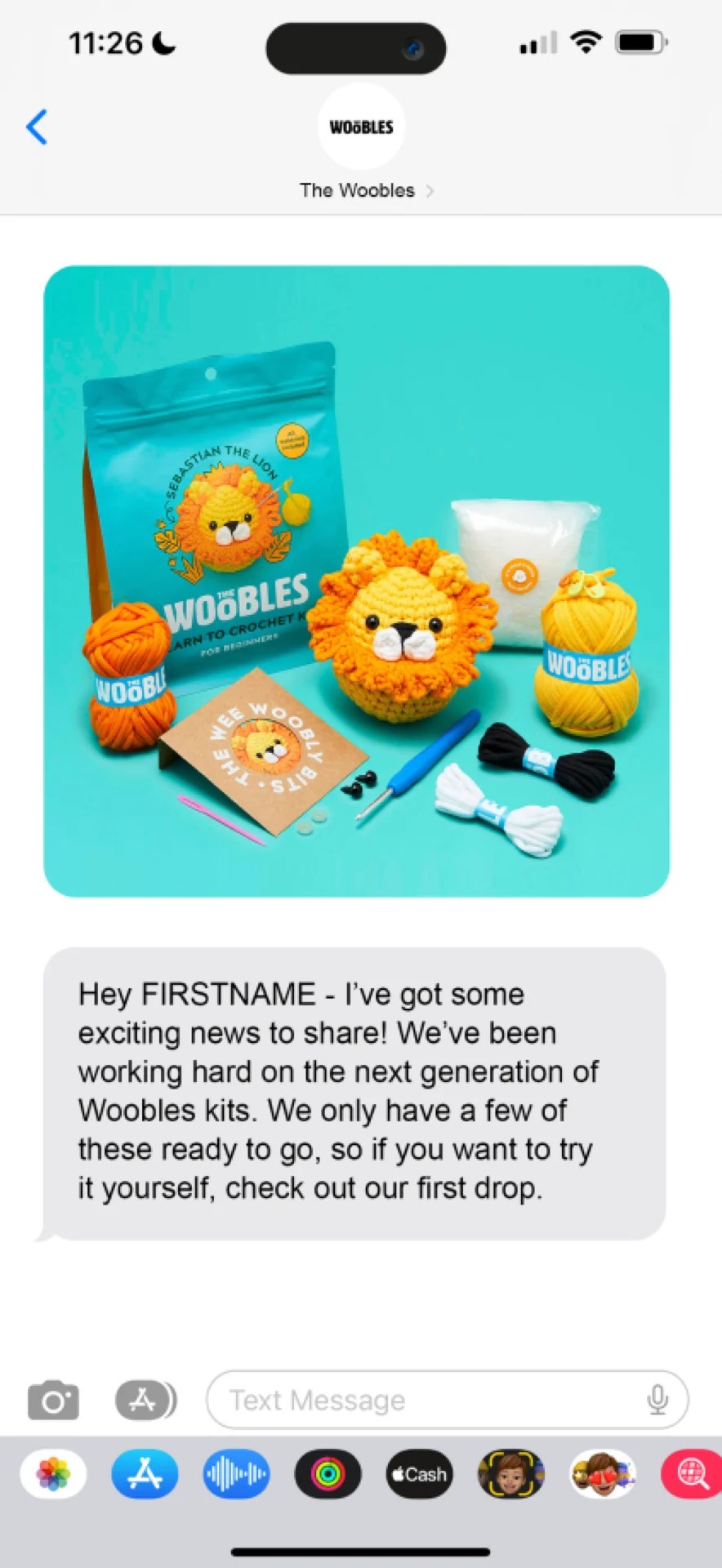 MMS creative for The Woobles showcasing next-gen product kits with vibrant flat-lay visuals and personalized launch messaging for limited inventory engagement.