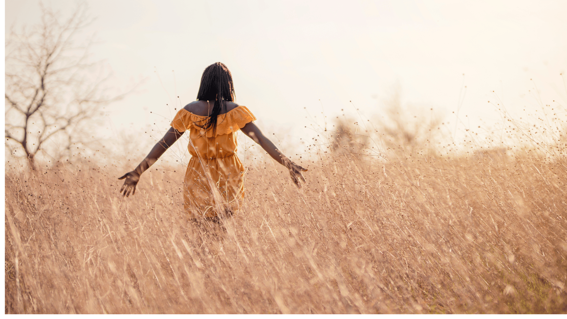 A wise woman walking in tall grasses realizing the interconnections between soil, plants, and our human health.