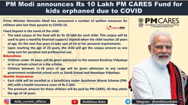 PM Modi announces Rs 10 Lakh PM CARES Fund for kids orphaned due to COVID