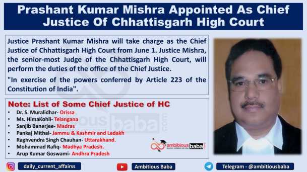 Prashant Kumar Mishra Appointed As Chief Justice Of Chhattisgarh High Court