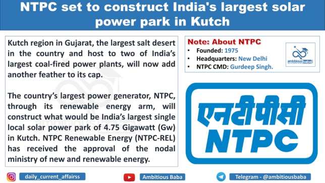 NTPC set to construct India's largest solar power park in Kutch