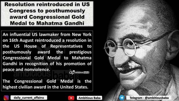 Resolution reintroduced in US Congress to posthumously award Congressional Gold Medal to Mahatma Gandhi