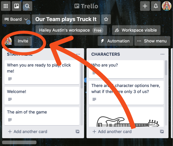Trello board with a red arrow pointing to the "invite" button