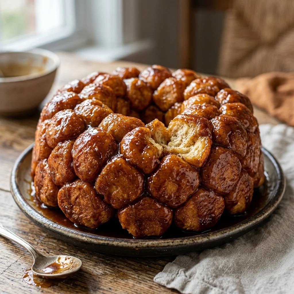 Freshly baked Monkey Bread topped with gooey caramel and cinnamon.