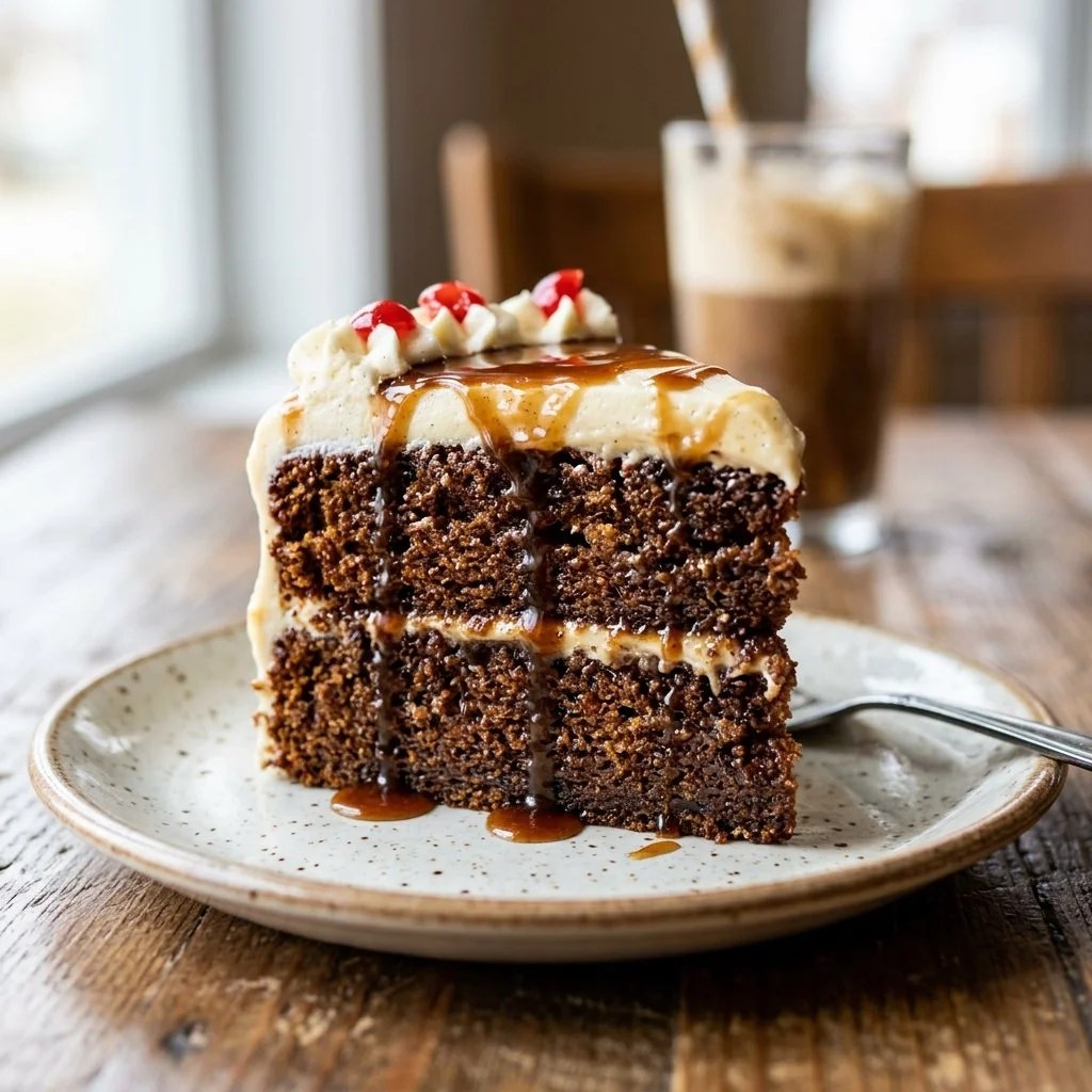 Delicious Root Beer Float Cake topped with whipped cream and root beer